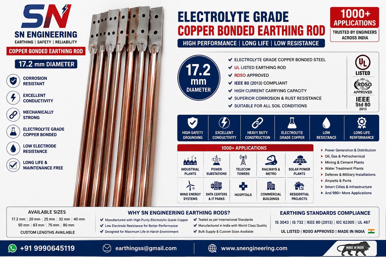 SN Engineering 17.2 mm copper bonded earthing rod