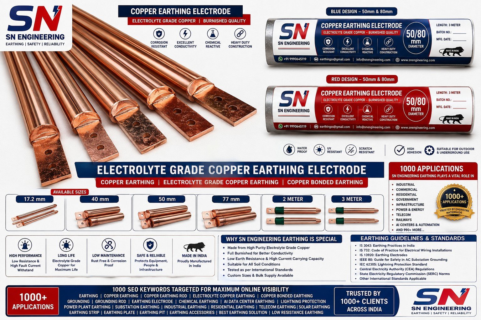 SN Engineering copper earthing electrode range in 17.2, 40, 50 and 77 mm
